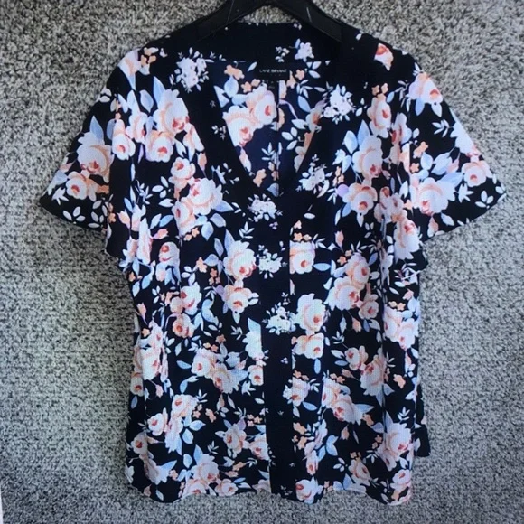 Floral V-Neck Women’s Top - Navy with Pink & White Flowers - Picture 1 of 7